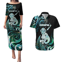 Personalised New Zealand Maori Taniwha Couples Matching Puletasi and Hawaiian Shirt Silver Fern Paua Shell Version LT05 Turquoise - Polynesian Pride