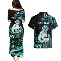 Personalised New Zealand Maori Taniwha Couples Matching Puletasi and Hawaiian Shirt Silver Fern Paua Shell Version LT05 - Polynesian Pride