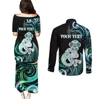 Personalised New Zealand Maori Taniwha Couples Matching Puletasi and Long Sleeve Button Shirt Silver Fern Paua Shell Version LT05 - Polynesian Pride