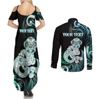 Personalised New Zealand Maori Taniwha Couples Matching Summer Maxi Dress and Long Sleeve Button Shirt Silver Fern Paua Shell Version LT05 - Polynesian Pride