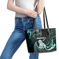 New Zealand Maori Taniwha Leather Tote Bag Silver Fern Paua Shell Version