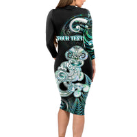 Personalised New Zealand Maori Taniwha Long Sleeve Bodycon Dress Silver Fern Paua Shell Version