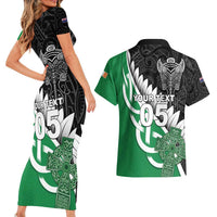 New Zealand And Ireland Rugby Custom Couples Matching Short Sleeve Bodycon Dress and Hawaiian Shirt Silver Fern With Celtic Cross
