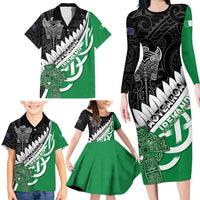 New Zealand And Ireland Rugby Custom Family Matching Long Sleeve Bodycon Dress and Hawaiian Shirt Silver Fern With Celtic Cross
