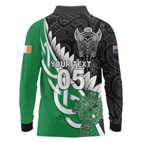 New Zealand And Ireland Rugby Custom Long Sleeve Polo Shirt Silver Fern With Celtic Cross