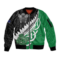 New Zealand And Ireland Rugby Custom Sleeve Zip Bomber Jacket Silver Fern With Celtic Cross