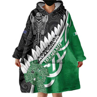 New Zealand And Ireland Rugby Custom Wearable Blanket Hoodie Silver Fern With Celtic Cross