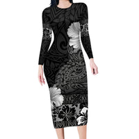 Hawaii Hibiscus With Black Polynesian Pattern Family Matching Long Sleeve Bodycon Dress and Hawaiian Shirt LT05 Mom's Dress Black - Polynesian Pride
