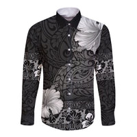 Hawaii Hibiscus With Black Polynesian Pattern Long Sleeve Button Shirt