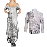 Hawaii Hibiscus With White Polynesian Pattern Couples Matching Summer Maxi Dress and Long Sleeve Button Shirt