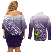 Personalized Manua High School Couples Matching Off Shoulder Short Dress and Long Sleeve Button Shirt Polynesian Tribal Pattern