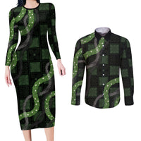Hawaiian Quilt Couples Matching Long Sleeve Bodycon Dress and Long Sleeve Button Shirt Pele Hair Hinahina Lei Black Version LT05 Black - Polynesian Pride