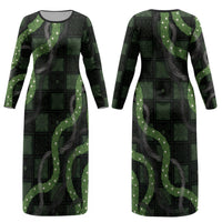Hawaiian Quilt Couples Matching Long Sleeve Bodycon Dress and Long Sleeve Button Shirt Pele Hair Hinahina Lei Black Version LT05 - Polynesian Pride