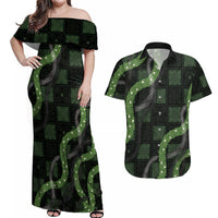Hawaiian Quilt Couples Matching Off Shoulder Maxi Dress and Hawaiian Shirt Pele Hair Hinahina Lei Black Version