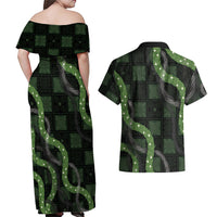 Hawaiian Quilt Couples Matching Off Shoulder Maxi Dress and Hawaiian Shirt Pele Hair Hinahina Lei Black Version LT05 - Polynesian Pride