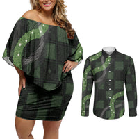 Hawaiian Quilt Couples Matching Off Shoulder Short Dress and Long Sleeve Button Shirt Pele Hair Hinahina Lei Black Version LT05 Black - Polynesian Pride