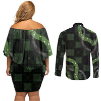 Hawaiian Quilt Couples Matching Off Shoulder Short Dress and Long Sleeve Button Shirt Pele Hair Hinahina Lei Black Version LT05 - Polynesian Pride