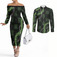 Hawaiian Quilt Couples Matching Off The Shoulder Long Sleeve Dress and Long Sleeve Button Shirt Pele Hair Hinahina Lei Black Version LT05 Black - Polynesian Pride