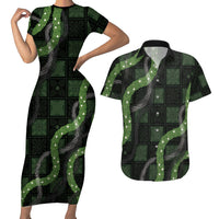Hawaiian Quilt Couples Matching Short Sleeve Bodycon Dress and Hawaiian Shirt Pele Hair Hinahina Lei Black Version LT05 Black - Polynesian Pride
