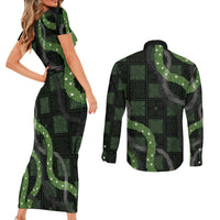 Hawaiian Quilt Couples Matching Short Sleeve Bodycon Dress and Long Sleeve Button Shirt Pele Hair Hinahina Lei Black Version LT05 - Polynesian Pride