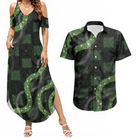Hawaiian Quilt Couples Matching Summer Maxi Dress and Hawaiian Shirt Pele Hair Hinahina Lei Black Version LT05 Black - Polynesian Pride