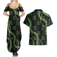 Hawaiian Quilt Couples Matching Summer Maxi Dress and Hawaiian Shirt Pele Hair Hinahina Lei Black Version LT05 - Polynesian Pride