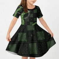 Hawaiian Quilt Kid Short Sleeve Dress Pele Hair Hinahina Lei Black Version LT05 KID Black - Polynesian Pride