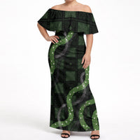 Hawaiian Quilt Off Shoulder Maxi Dress Pele Hair Hinahina Lei Black Version LT05 Women Black - Polynesian Pride