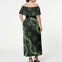 Hawaiian Quilt Off Shoulder Maxi Dress Pele Hair Hinahina Lei Black Version LT05 - Polynesian Pride