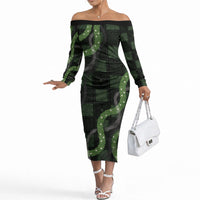 Hawaiian Quilt Off The Shoulder Long Sleeve Dress Pele Hair Hinahina Lei Black Version LT05 Women Black - Polynesian Pride