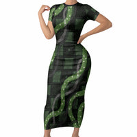Hawaiian Quilt Short Sleeve Bodycon Dress Pele Hair Hinahina Lei Black Version LT05 Long Dress Black - Polynesian Pride