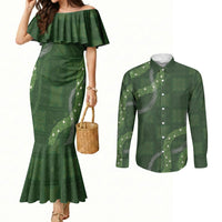 Hawaiian Quilt Couples Matching Mermaid Dress and Long Sleeve Button Shirt Pele Hair Hinahina Lei Green Version LT05 Green - Polynesian Pride