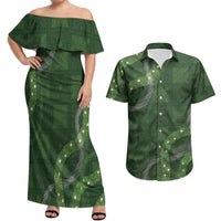 Hawaiian Quilt Couples Matching Off Shoulder Maxi Dress and Hawaiian Shirt Pele Hair Hinahina Lei Green Version LT05 Green - Polynesian Pride