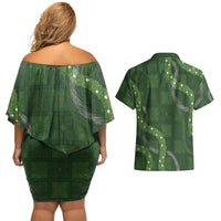 Hawaiian Quilt Couples Matching Off Shoulder Short Dress and Hawaiian Shirt Pele Hair Hinahina Lei Green Version LT05 - Polynesian Pride