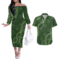 Hawaiian Quilt Couples Matching Off The Shoulder Long Sleeve Dress and Hawaiian Shirt Pele Hair Hinahina Lei Green Version LT05 Green - Polynesian Pride