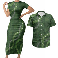 Hawaiian Quilt Couples Matching Short Sleeve Bodycon Dress and Hawaiian Shirt Pele Hair Hinahina Lei Green Version LT05 Green - Polynesian Pride