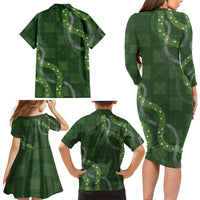 Hawaiian Quilt Family Matching Long Sleeve Bodycon Dress and Hawaiian Shirt Pele Hair Hinahina Lei Green Version LT05 - Polynesian Pride