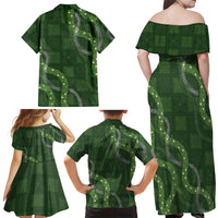 Hawaiian Quilt Family Matching Off Shoulder Maxi Dress and Hawaiian Shirt Pele Hair Hinahina Lei Green Version LT05 Mom's Dress Green - Polynesian Pride