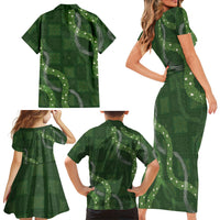 Hawaiian Quilt Family Matching Short Sleeve Bodycon Dress and Hawaiian Shirt Pele Hair Hinahina Lei Green Version LT05 Mom's Dress Green - Polynesian Pride