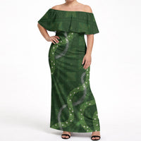 Hawaiian Quilt Off Shoulder Maxi Dress Pele Hair Hinahina Lei Green Version LT05 Women Green - Polynesian Pride