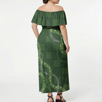 Hawaiian Quilt Off Shoulder Maxi Dress Pele Hair Hinahina Lei Green Version LT05 - Polynesian Pride