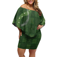 Hawaiian Quilt Off Shoulder Short Dress Pele Hair Hinahina Lei Green Version