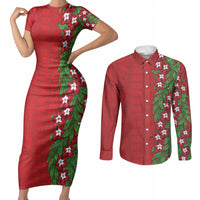 Tonga Language Week Couples Matching Short Sleeve Bodycon Dress and Long Sleeve Button Shirt Heilala Floral Red LT05 Red - Polynesian Pride