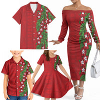 Tonga Language Week Family Matching Off The Shoulder Long Sleeve Dress and Hawaiian Shirt Heilala Floral Red LT05 - Polynesian Pride