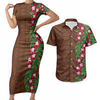 Tonga Language Week Couples Matching Short Sleeve Bodycon Dress and Hawaiian Shirt Heilala Floral Brown LT05 Brown - Polynesian Pride