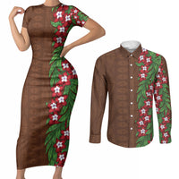 Tonga Language Week Couples Matching Short Sleeve Bodycon Dress and Long Sleeve Button Shirt Heilala Floral Brown LT05 Brown - Polynesian Pride