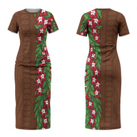 Tonga Language Week Couples Matching Short Sleeve Bodycon Dress and Long Sleeve Button Shirt Heilala Floral Brown LT05 - Polynesian Pride