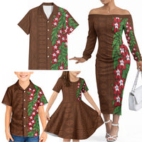 Tonga Language Week Family Matching Off The Shoulder Long Sleeve Dress and Hawaiian Shirt Heilala Floral Brown LT05 - Polynesian Pride
