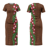 Tonga Language Week Family Matching Short Sleeve Bodycon Dress and Hawaiian Shirt Heilala Floral Brown LT05 Mom's Dress Brown - Polynesian Pride