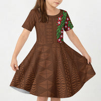 Tonga Language Week Kid Short Sleeve Dress Heilala Floral Brown LT05 KID Brown - Polynesian Pride